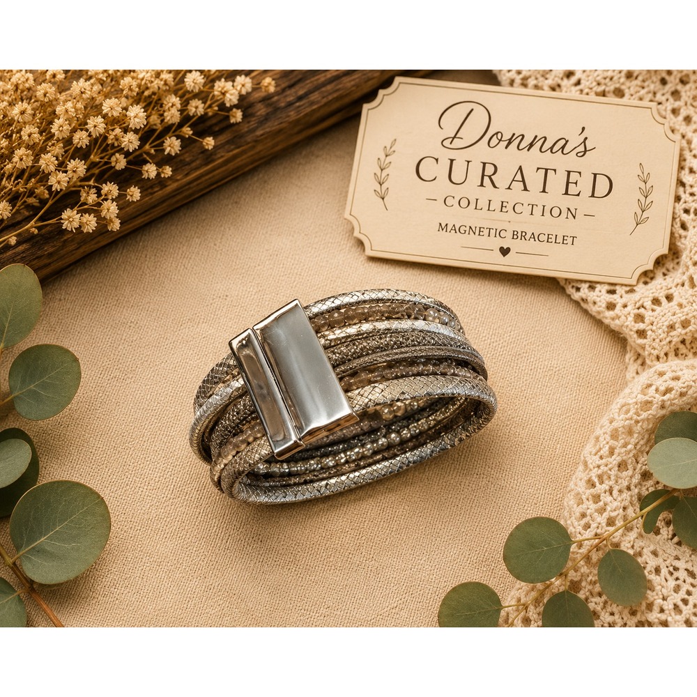 Magnetic Multi Strand Wrap Bracelet Silver Gray Taupe Crystal Boho Layered Cuff